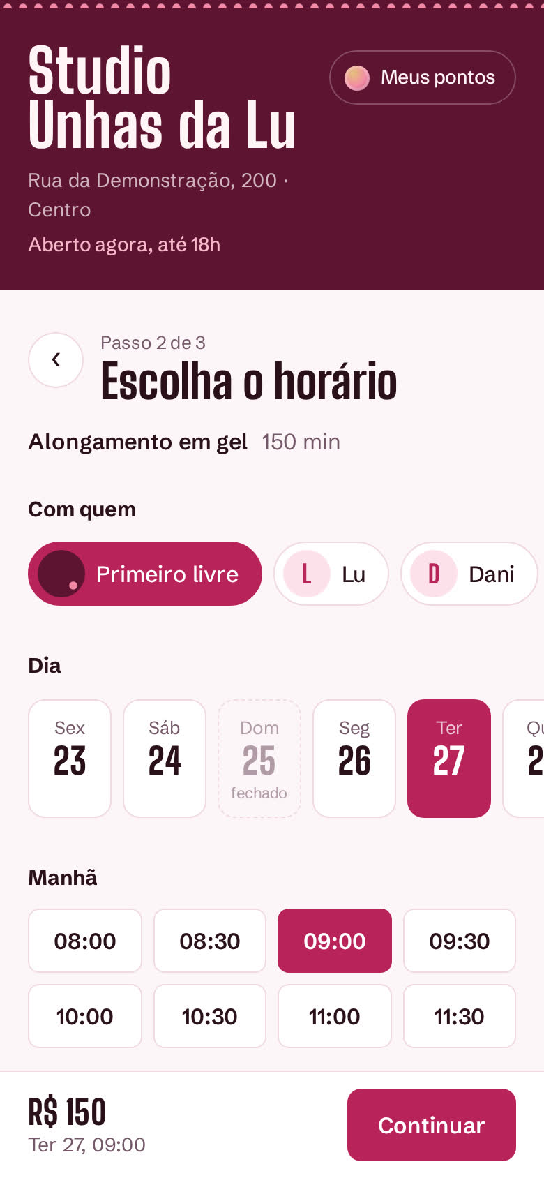 Tela de agendamento de alongamento em gel, com escolha da profissional, do dia e do horário